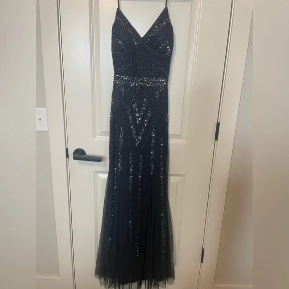 Marina Womens Beaded Mesh Evening Dress Navy 4 Marina Womens Beaded Mesh Evening Dress Navy 4